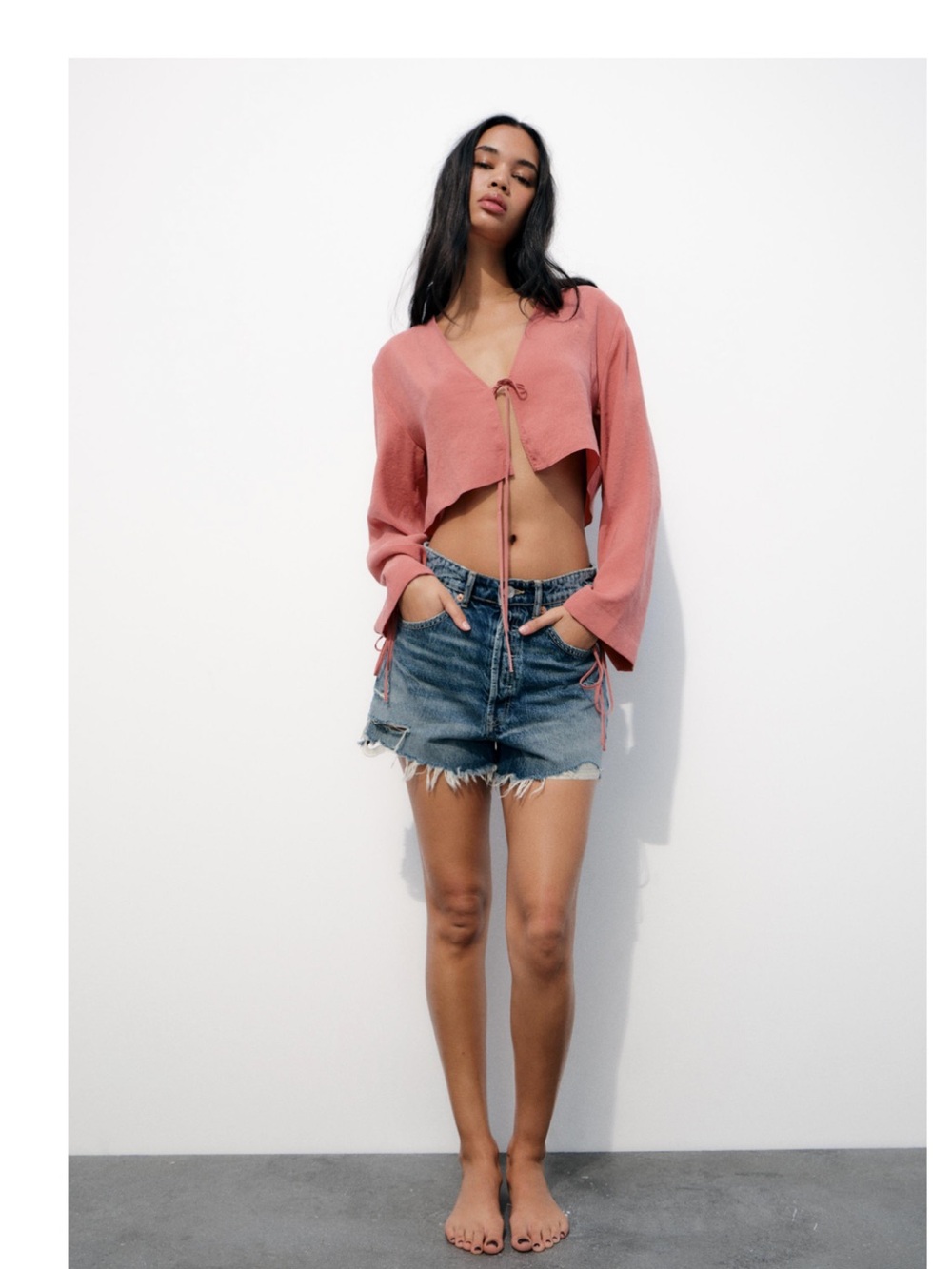 Zara Rose-Tone Cropped Tie-Front Top